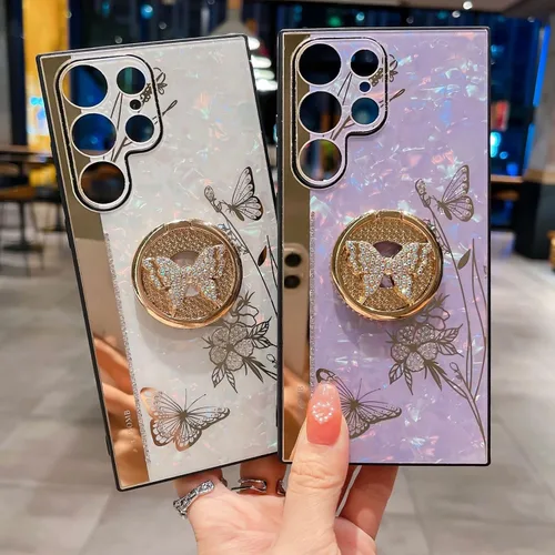 Vista 6 de Funda con función atril para Galaxy S22 Ultra, bonita concha de mármol con soporte de anillo, elegante funda protectora a prueba de golpes