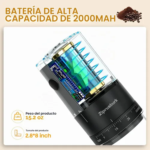 Vista 3 de First Grind - Molinillo de café recargable mientras se carga, molienda 1.7 veces más rápida con molinillo de café eléctrico portátil con 38 ajustes