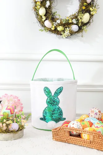 Vista 2 de Cestas de Pascua para niños – Cestas de caza de huevos de Pascua para niños y niñas, bonita cesta de regalo de lona impresa de conejo de lentejuelas
