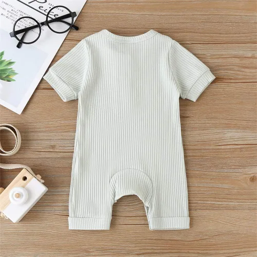 Vista 9 de Mameluco unisex de manga corta para bebé recién nacido, con botones, de una pieza, ropa de color sólido