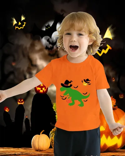Vista 2 de CM-Kid Halloween Shirt for Toddler Boy Girl Pumpkin Skeleton Dino Short Sleeve Tshirt for Kids Cotton Tops 2-7 Years