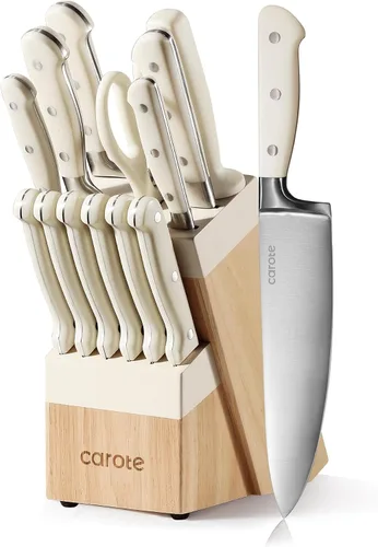 Vista 9 de CAROTE Juego de 11 cuchillos con bloque para cocina, hoja súper afilada de acero inoxidable, mango ergonómico con triple remache, bloque magnético