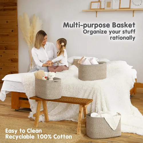 Vista 5 de CHAT BLANC Cestas de cuerda de algodón para organizar Cestas de almacenamiento para estantes Cesta de cuerda para almacenamiento, cestas