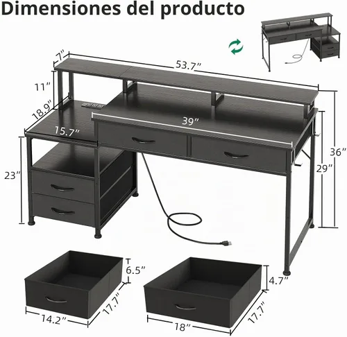 Vista 3 de MUTUN Escritorio para computadora de 53 pulgadas con 4 cajones y tomas de corriente, escritorio reversible de oficina en casa con soporte