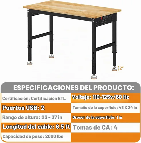 Vista 6 de Betterhood Banco de trabajo de altura ajustable, estación de trabajo resistente con parte superior de madera de goma de 48 pulgadas con tomas
