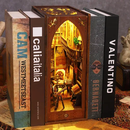 Vista 5 de Soporte de madera 3D para libros, rompecabezas DIY casa de muñecas sujetalibros de madera, kit de construcción con luz LED para adultos