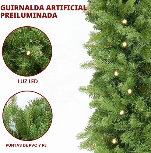 Vista 2 de Guirnalda de Navidad artificial preiluminada de 9 pies con 50 luces LED, funciona con pilas, decoraciones navideñas con rama de 300 puntas
