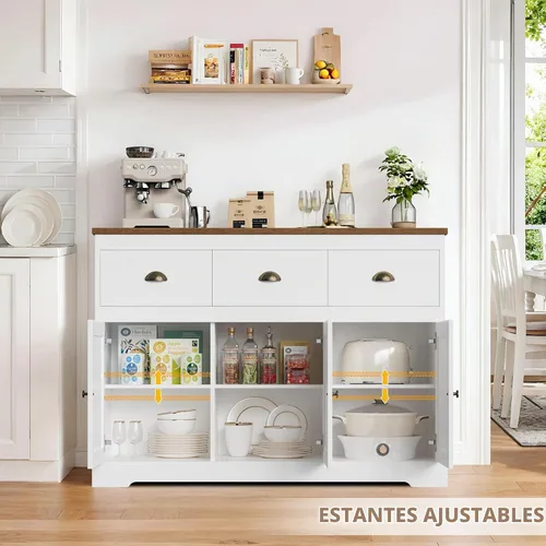 Vista 2 de Keyluv Armario de buffet blanco para almacenamiento, aparador de cocina, estilo granja, bufé, bar, gabinete de vino con 3 cajones y 3 puertas
