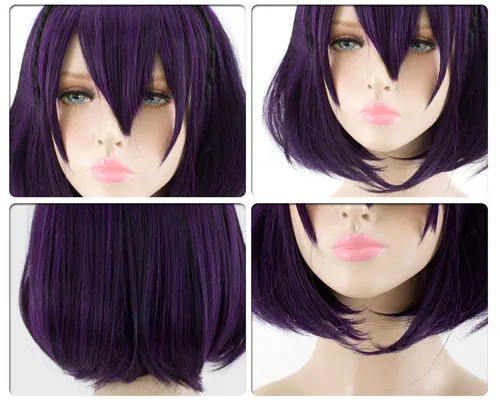 Vista 4 de Xingwang Queen Peluca de cosplay mixta de anime de 13.8 in de color negro y morado + gorra gratis