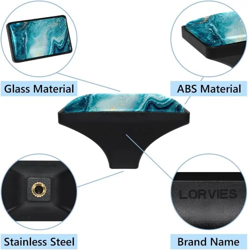 Vista 3 de LORVIES Paquete de 4 pomos decorativos de mármol de 1.65 pulgadas para gabinete, vidrio ABS corto rectangular negro, manijas de puerta de cajón