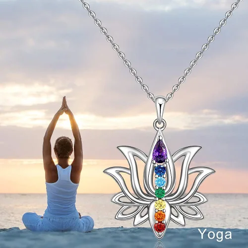 Vista 4 de Jewlikee Collar de 7 chakras colgante de loto plata de ley para yoga chakras piedra curativa collares para mujer equilibrio energético Plata