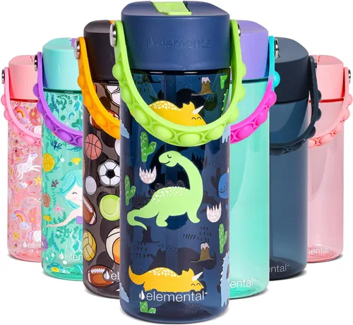 Vista 18 de Elemental Botellas de agua para niños – Botella de agua para niños Splash para la escuela con mango Pop-it – Botella de agua de plástico Tritan sin