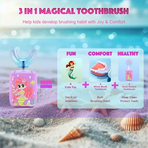 Vista 6 de Cepillo de dientes eléctrico para niños, cepillo de dientes en forma de U, cepillo automático sónico para niños con taza, 5 cabezales de cepillo, 6