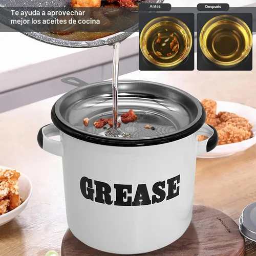 Vista 3 de Roadmap Recipiente de grasa de tocino esmaltado blanco de 1.5 L con colador, recipiente de grasa con patrón de letras, protector de grasa de tocino