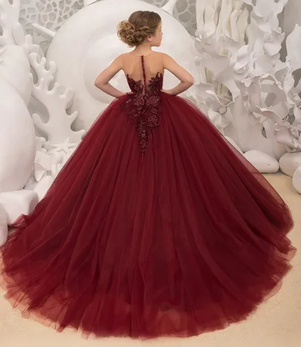 Vista 3 de Precioso vestido de niña de flores de tul para niños de boda con cuentas princesa sin mangas vestidos de baile
