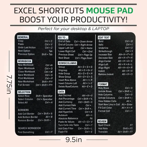Vista 3 de Monilee - Alfombrilla para mouse con estampado negro sólido, calidad premium, para uso diario Increase your productivity: Our Excel Shortcuts