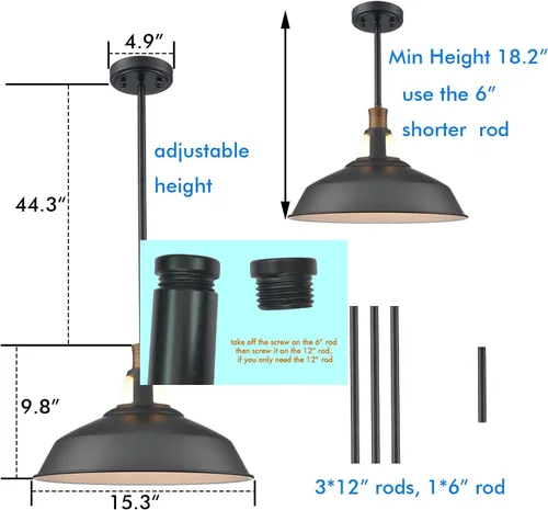 Vista 3 de CLAXY - Lámpara colgante negra para granja, barra colgante de granero Dimmable E26 Indoor Kitchen Hanging Pendant Light Fixture-15.3" Diameter