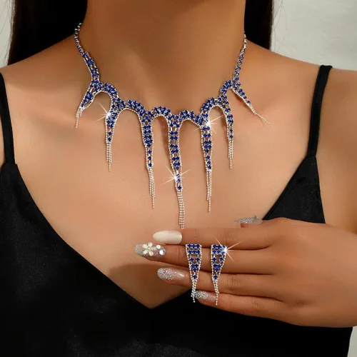 Vista 3 de Unicra Juego de collar y aretes de gargantilla con borlas de diamantes de imitación, juego de joyas de boda para novia, fiesta de graduación