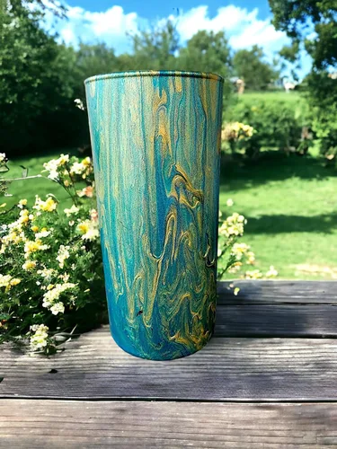 Vista 5 de Enchanting Hand-Pour Painted Glass Cylinder Flower Vase for Home and Office - 7 Inches of One of a Kind Artistry by WanderLost Artz (Gold & Teal)