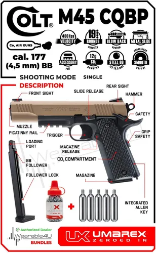 Vista 4 de Umarex Colt M45 CQBP Pistola de aire de metal Slide .177 BB CO2 pistola de aire semiautomática con 5 tanques de CO2 de 0.42 oz y Wearable4U paquete