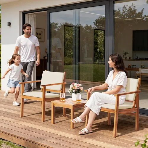 Vista 2 de Flamaker Sillas de Patio 3 Piezas Muebles de Patio de Madera de Acacia con Mesa de Café y Cojines Conjunto de Conversación Exterior Sillas de Balcón