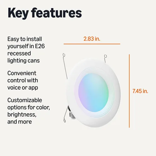 Vista 2 de Amazon Basics Luz empotrada inteligente de 5/6 pulgadas con downlight, que cambia de color, funciona solo con Alexa, WiFi de 2.4 GHz, paquete de 1