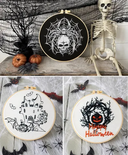 Vista 4 de Armindou Kit de bordado de Halloween para principiantes y adultos, kit de punto de cruz estampado para adultos principiantes, kit de bordado a mano