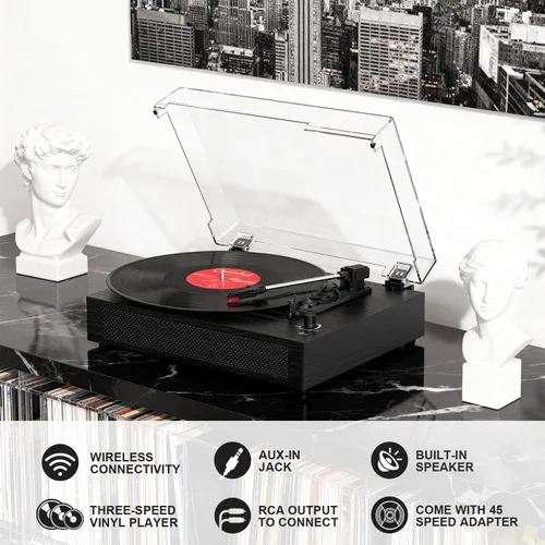 Vista 9 de Tocadiscos de vinilo con Bluetooth y altavoces estéreo integrados, tocadiscos vintage de 3 velocidades con parada automática, salida RCA y entrada