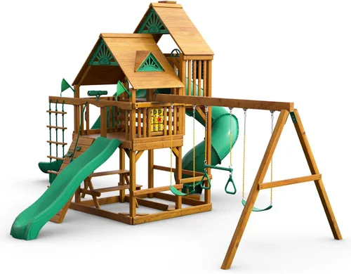 Vista 7 de Gorilla Playsets 01-0031-AP Juego de columpios de madera Great Skye II con techo de madera, 3 toboganes y pared de roca, color marrón