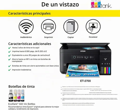 Vista 5 de Epson Expression ET-2700 EcoTank Impresora inalámbrica a color todo en uno Supertank con escáner y copiadora, grande