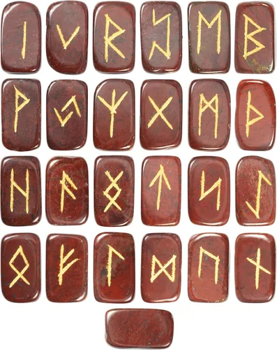 Vista 16 de Crocon Runas de piedras preciosas con forma rectangular de piedra solar con alfabeto de Futhark de élder grabado, juego de 25 runas de cristal