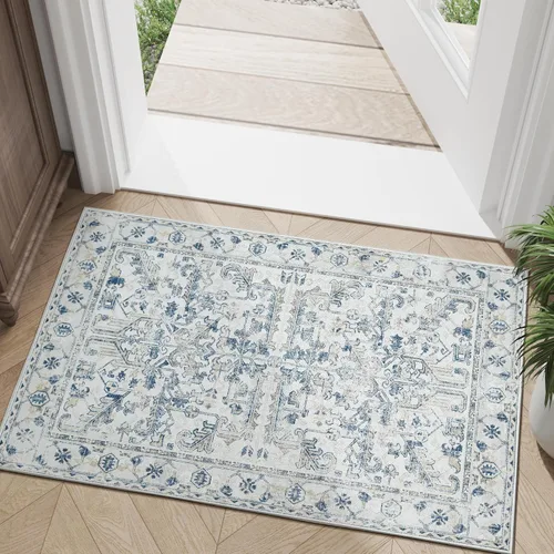 Vista 385 de jinchan Lima - Alfombra simétrica floral geométrica lavable, alfombra de entrada de medio círculo de 2 x 3, alfombra de media luna, suave y Azul