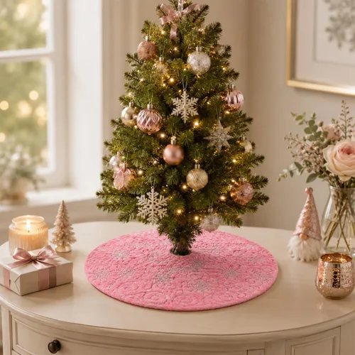 Vista 21 de Faldones de Felpa para Árbol de Navidad, 24 pulgadas, Lujosa Cubierta de Base de Árbol de Navidad de Piel Sintética Negra con Copos de Nieve Dorados