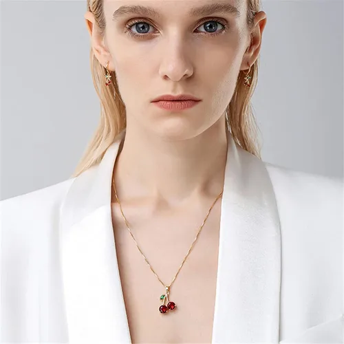 Vista 3 de ONLYJUMP Collar personalizado con colgante de fruta de cerezo de cristal rojo para mujeres y niñas creativo lindo verano tropical fruta cereza cesta