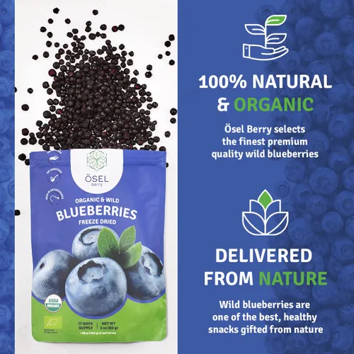 Vista 5 de ÖSEL BERRY Arándanos secos orgánicos, bayas azules silvestres 100% sin azúcar Arándanos liofilizados seleccionados a mano - Orgánico y fresco