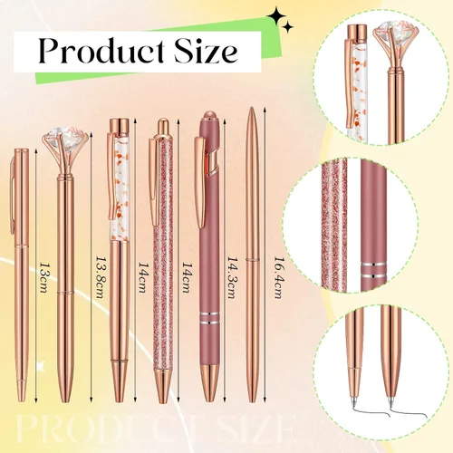 Vista 3 de Sabary Soporte para bolígrafo de oro rosa con 6 bolígrafos brillantes con purpurina, soporte para lápices de diamantes de oro rosa, organizador