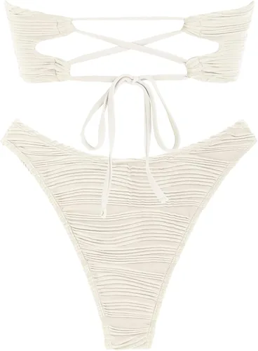 Vista 6 de ZAFUL Traje de baño bandeau de 2 piezas para mujer, conjunto de bikini bandeau acanalado con cordones sin tirantes, trajes de baño de corte alto