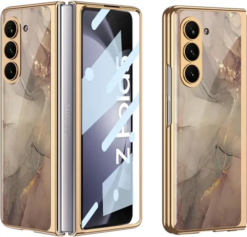 Vista 26 de Funda para Galaxy Z Fold 5, elegante marco galvanizado con vidrio estampado, protector de pantalla integrado compatible con Samsung Galaxy Z Fold 5