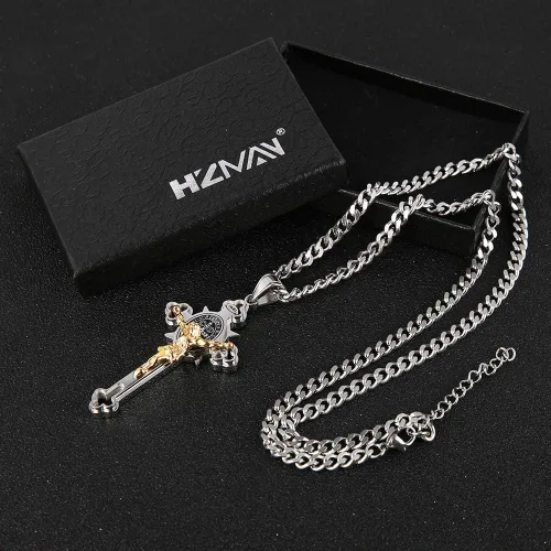 Vista 5 de HZMAN Religión Acero Inoxidable Saint St Benedict Crucifijo Cruz Colgante Collar INRI