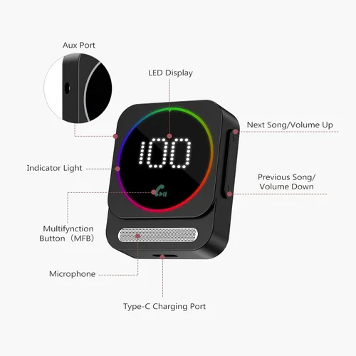 Vista 7 de LOFICOPER Adaptador AUX Bluetooth 5.3 para automóvil, receptor de audio Bluetooth inalámbrico, receptor de música con cancelación de ruido