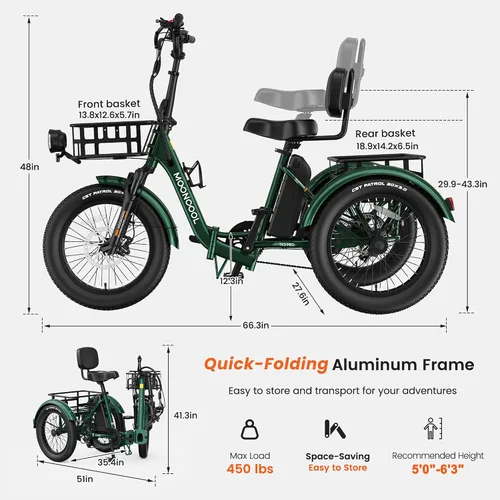 Vista 2 de MOONCOOL Triciclo eléctrico plegable para adultos, E-Trike de aluminio de 20 pulgadas con función de marcha atrás y opciones de largo alcance, Plata