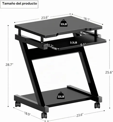 Vista 3 de sogesfurniture Escritorio para computadora móvil con bandeja extraíble para Negro