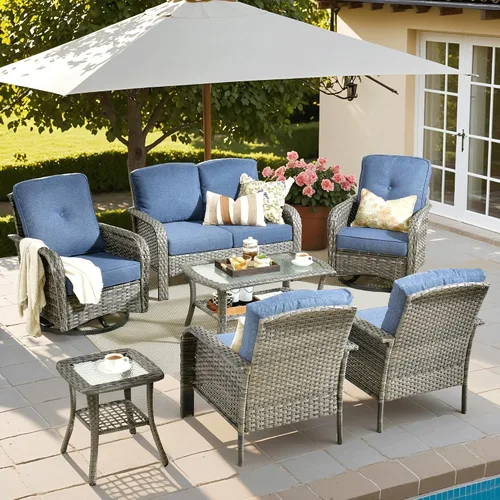 Vista 45 de ovios - Juego de muebles de patio de 2 piezas, sofá de mimbre para exteriores con sillas, silla de ratán con respaldo alto con cómodos cojines