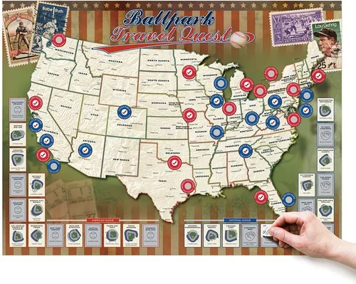 Vista 4 de Map Your Travels Ballpark Travel Quest Scratch Off Map Print Incluye tubo de envoltura de regalo Incluye herramienta para raspar