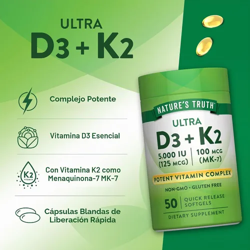 Vista 5 de Nature's Truth Complejo de vitamina K2 MK7 100 mcg 50 cápsulas blandas con D3