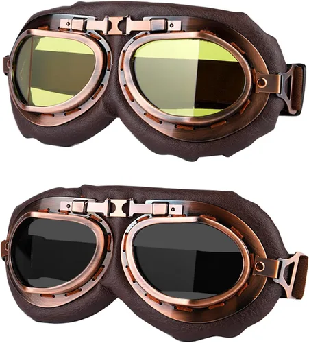Vista 10 de LJDJ Gafas de motocicleta, paquete de 2 gafas de montar estilo piloto vintage, gafas de hombre ardiente para hombres, mujeres, jóvenes y adultos