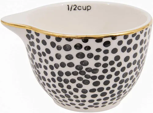 Vista 5 de Creative Co-Op Tazas medidoras de gres blanco y negro con galvanoplastia dorada (juego de 4 tamaños)