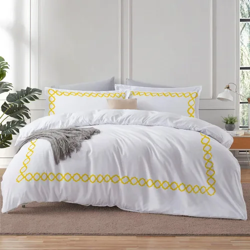 Vista 21 de BedDecor: Enchanted Oasis - Juego de funda de edredón de 3 piezas de 600 hilos de algodón egipcio con bordado de cuadrifolio, ultra suave