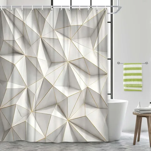 Vista 14 de JAWO Cortina de ducha geométrica negra y dorada, moderna cortina de baño de textura poligonal abstracta, cortina de baño de tela impermeable, 6