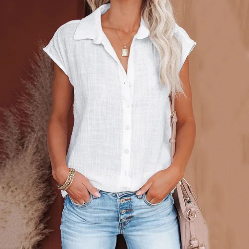 Vista 43 de Ceboyel Camisas para mujer de moda de verano, algodón, lino, manga corta, cuello con botones, blusa casual para mujer 2023